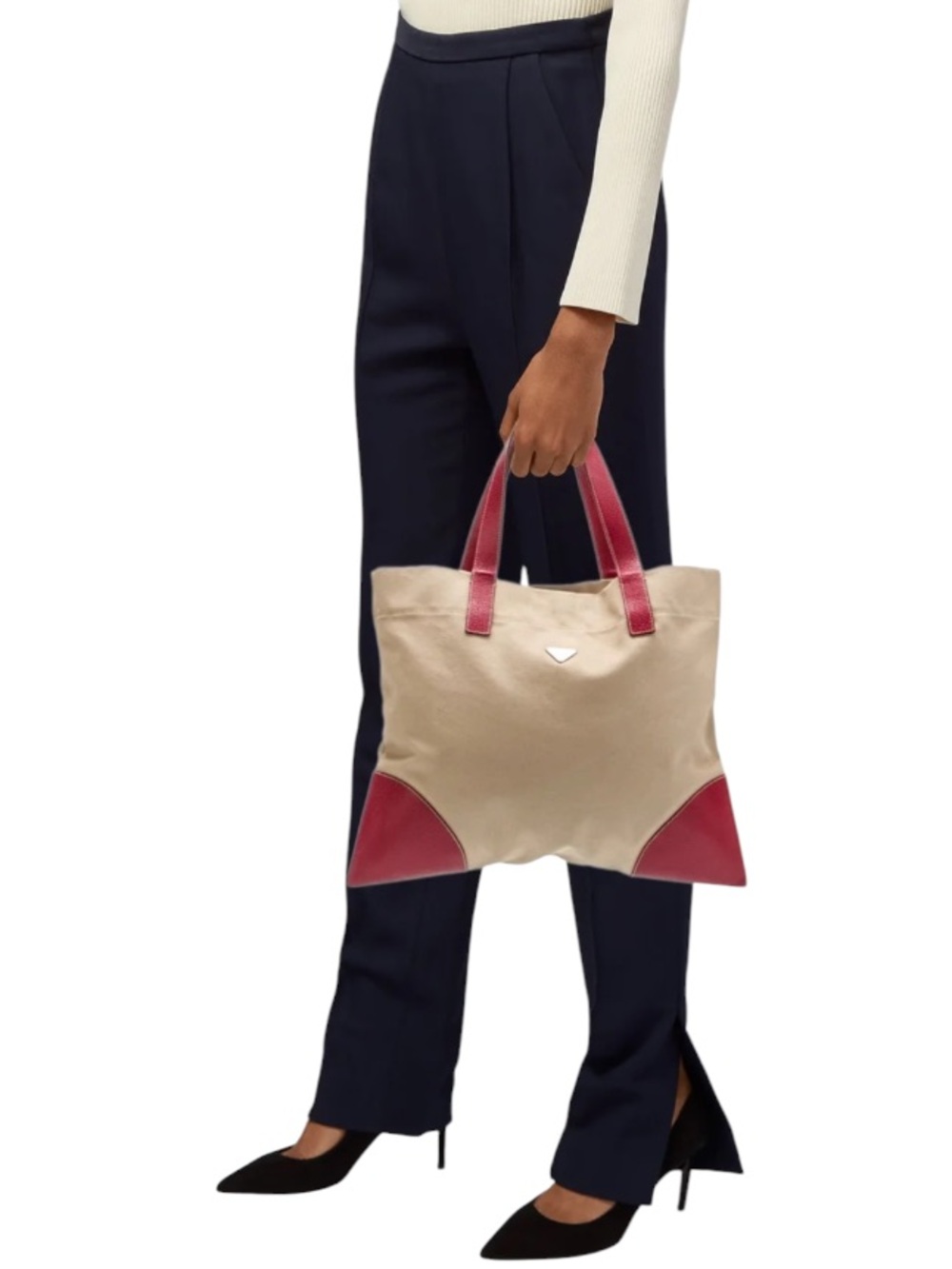 Vintage Prada Enameled Triangle Logo Canapa Cinghi Canvas Tote Red Leather Trim - Picture 2 of 8